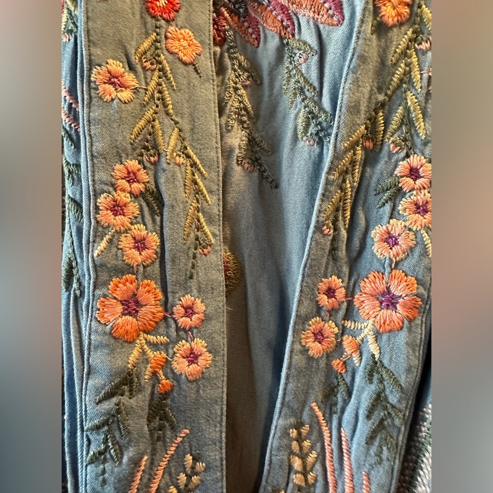 Johnny Was Blue Embroidered Crane Jacket with Pink Yellow Orange Accents - Picture 6 of 11